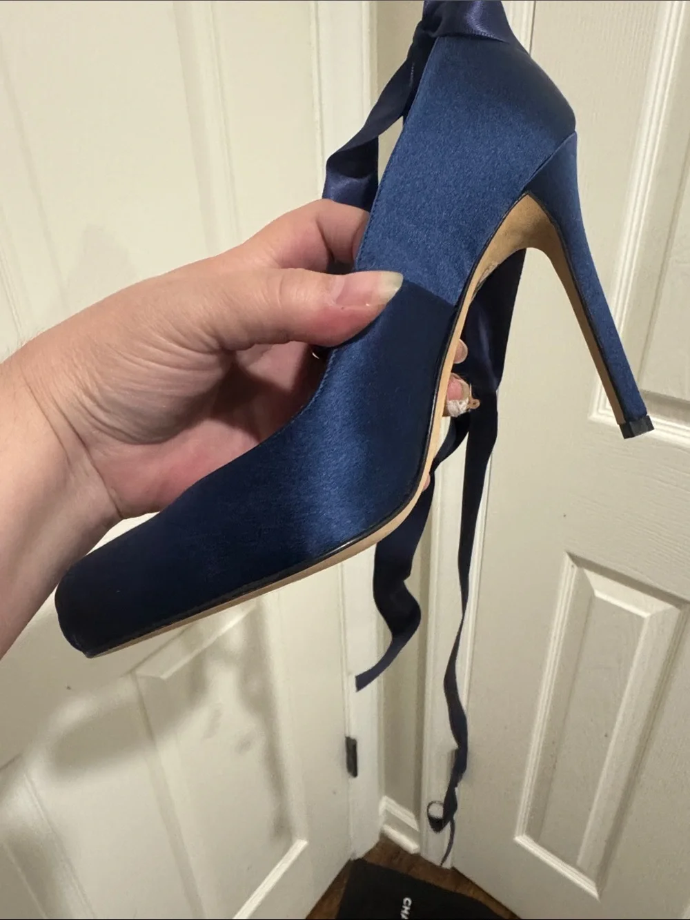 CHANEL/Navy Satin Ballet Tie Up The Ankle/4” Heels/NEVER WORN! VINTAGE! US 6.5!